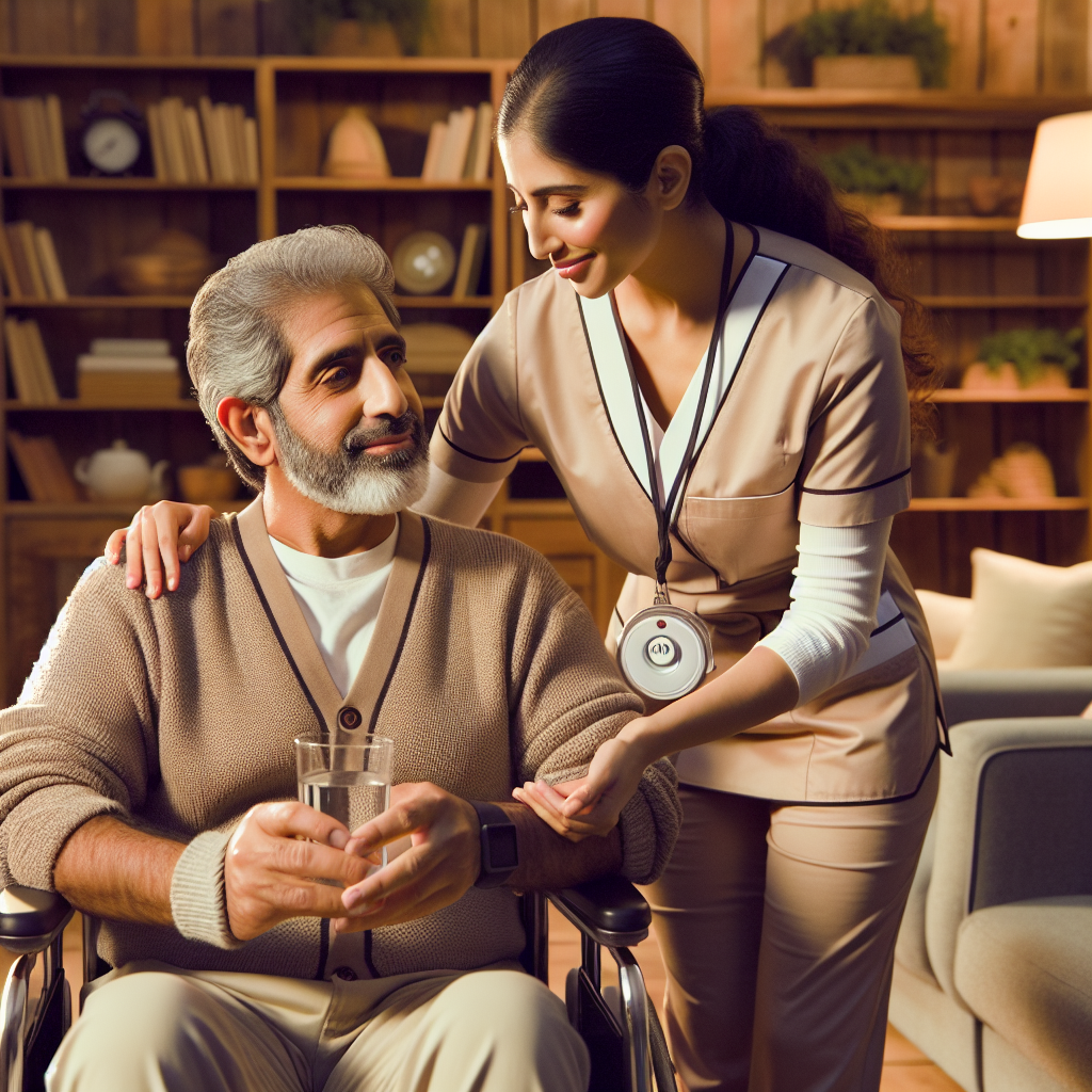 A heartfelt scene within a cozy living room. A Middle-Eastern man in his 40s using a wheelchair, with affectionate yet determined expression. A South Asian woman, presumably a caregiver in a professional uniform, is handing him a glass of water with a soft smile. They're surrounded by essential caregiving items like cushion support, a bell alarm, and a medical booklet named 'ALS Caregiving Secrets'. The background suggests an organized environment with shelves holding various books about caregiving and health. The room is warmly lit, signifying a nurturing atmosphere.