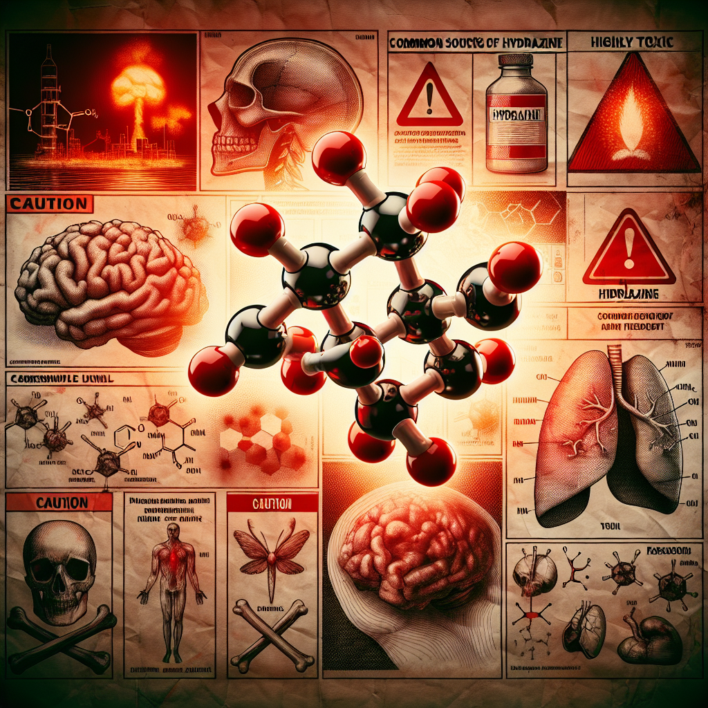 A detailed image showing different aspects related to the topic of hydrazine toxicity. In the foreground, there should be a three-dimensional model of the hydrazine molecule highlighted in a menacing red glow. Surrounding it, small illustrations representing common sources of hydrazine, like rocket fuel, should be depicted. In the background, a grim representation of its hazards, such as sketches of lungs and brain with evident damage. To conclude, there should be caution signs all around the image and a faded, starkly red warning label at the bottom, stating 'Highly Toxic' in a bold font.