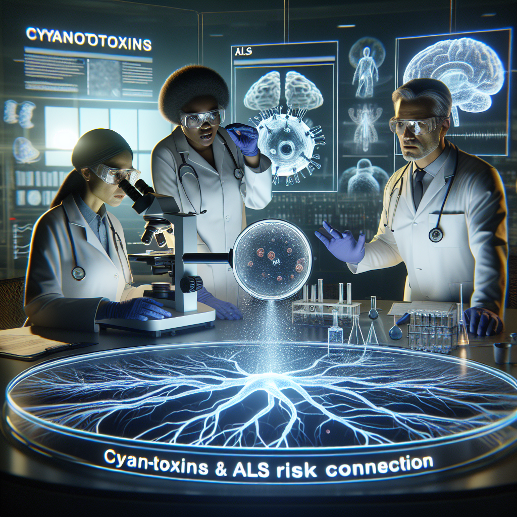 Visualize a scientific research scene where a team of diverse scientists -- a Black female biologist, a Middle-Eastern male chemist, and an Asian female neurologist -- are examining a magnified image of cyanotoxins under a microscope. They're in a sophisticated lab, wearing protective gear, surrounded by charts depicting ALS neurons on one side and cyanobacteria on the other. A floating holographic screen in the center displays the phrase 'Cyanotoxins & ALS Risk Connection'. The atmosphere shows surprise and discovery, illustrating the shocking link just uncovered. The data displayed is non-specific to show the concept without specific scientific details.