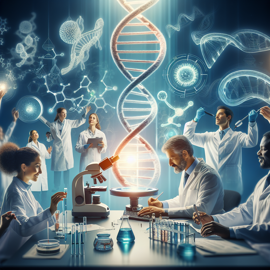 Visualize a momentous event in scientific advancement. A flourishing laboratory filled with diverse scientists - Middle-Eastern woman in a white lab coat peering through a microscope, a South Asian man carefully pipetting samples into a petri dish, and a Black man reading data on the computer screen. They are all entwined in the halo of their achievement, their faces glowing with excitement and hope. Display prominently on the screen a double helix DNA structure, and floating around it, hand-drawn sketches of advanced gene therapy ideas. Text overlay: 'ALS Breakthrough: Stunning Gene Therapy Advances'.