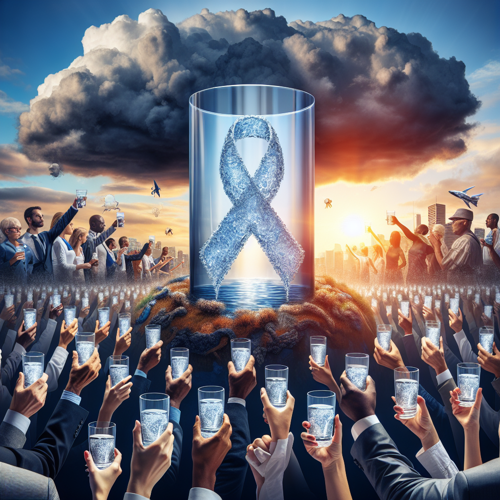 Picture a symbolic representation of a significant paradigm shift in public health. In the forefront, we see a diverse group of people, men and women of various descents including Asian, Caucasian, and African, holding up glasses of clean, crystal clear water. The emphasis is on the clarity and purity of the water - a symbol of good health. Overhead, a large transparent shield with the ALS ribbon symbol, is seen deflecting a storm of menacing dark clouds - metaphor for disease prevention. In the distance, the sun rises, casting a warm light, conveying hope for a healthier future.