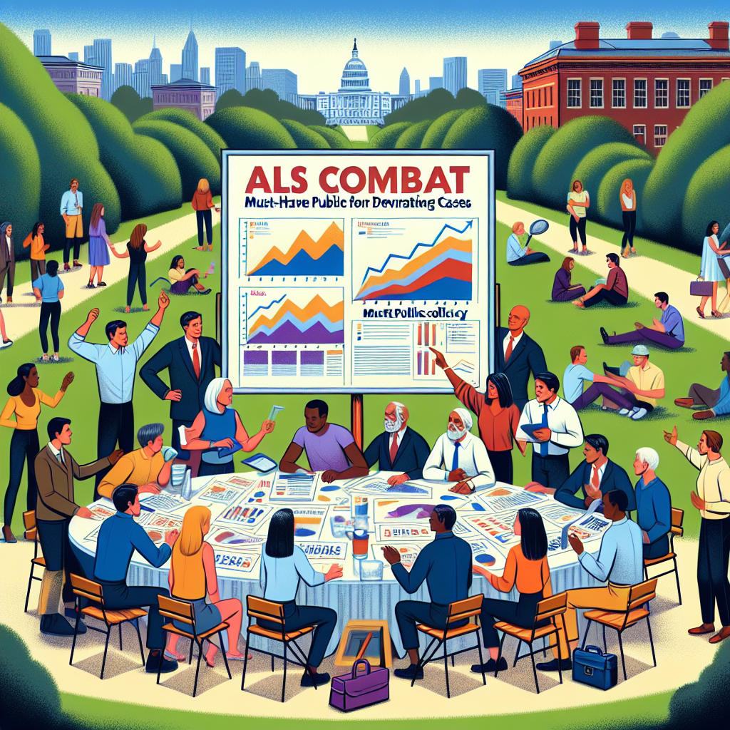 Create a picture depicting a park scene where a group of diverse individuals consisting of Caucasian, Hispanic, Black, Middle-Eastern, South Asian, and White people of varying genders are enthusiastically discussing and brainstorming. They are brainstorming around a large table filled with graphs demonstrating the rise of ALS cases and potential solutions. The central focus of the image is a poster that says, 'ALS Combat: Must-Have Public Policy for Devastating Cases'. The depiction should promote unity and dedication.
