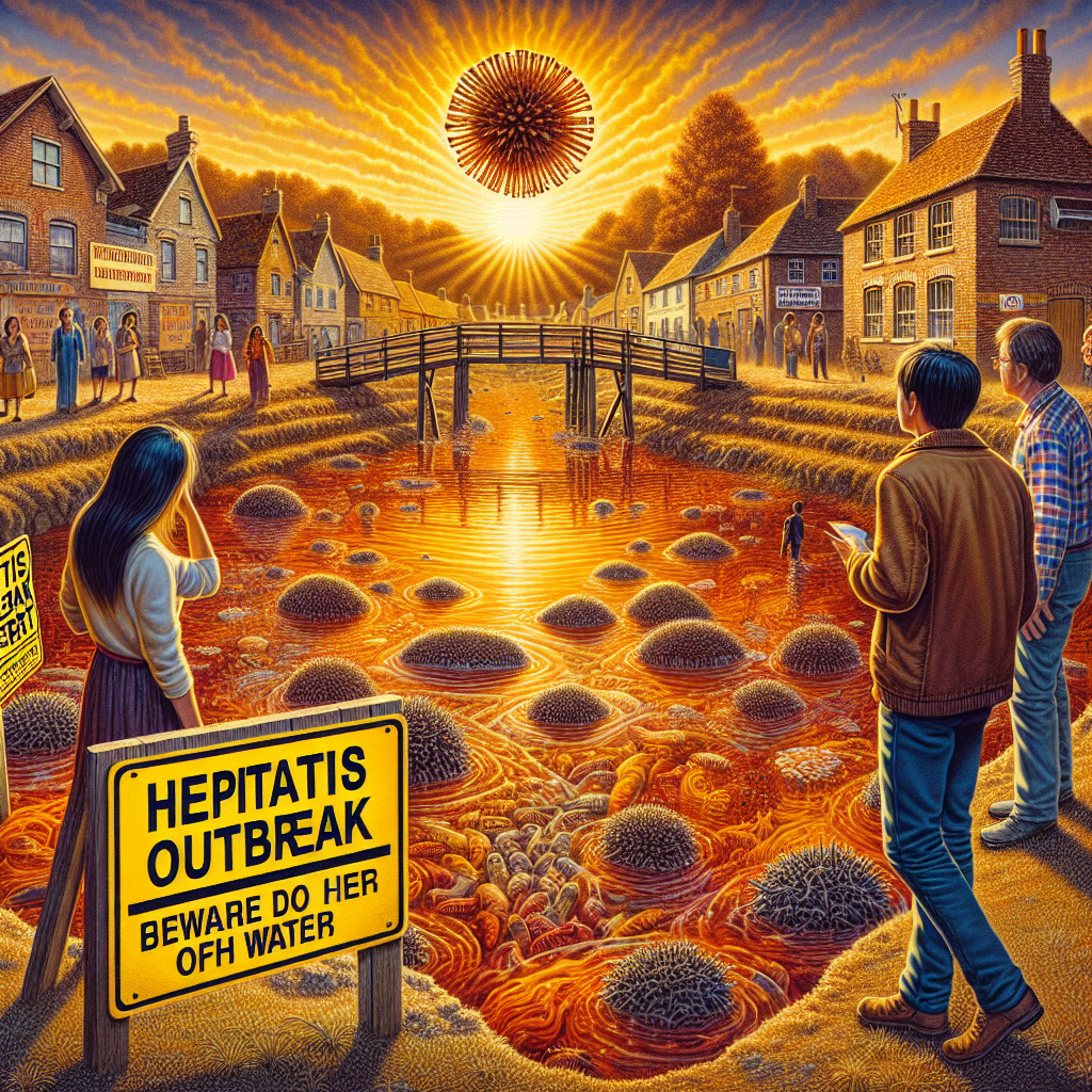 A vivid, detailed scenario showcases a town under Hepatitis outbreak alert. The backdrop includes a rural landscape bathed in the golden glow of an evening sun. The focal point is a worryingly murky water source, such as a pond, displaying visual compounds of pollution. Beside it, signage communicates the danger, reading 'Hepatitis Outbreak: Beware of Water'. The diverse townsfolk, including an Asian woman in her 50s and a black teenager, visibly react with shock, concern, and readiness to take precautionary measures. The image dramatically brings to life the seriousness of the health risk situation.