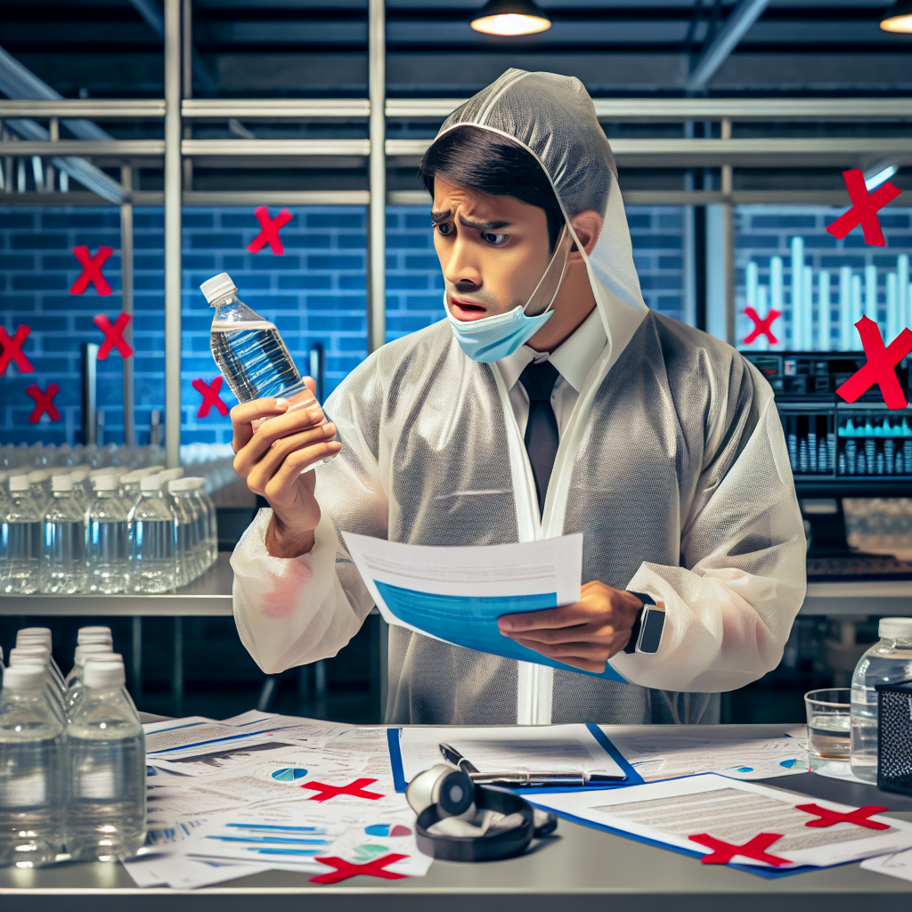 Visualize an image focusing on water regulation issue. Display a scene of a factory worker of South Asian descent, wearing protective gear, examines a bottle of clean water in his hand; the emotion on his face reflects shock and disbelief. In the background, pieces of regulation paperwork, marked with red 'X' signs scatter across the desk, indicating something not meeting the standards. Allow for heavy emphasis on the perceptive gaps in the bottled water regulations. A computer screen at another corner of the image displays graphs and data concerning water quality. Make sure to maintain a professional and serious atmosphere.