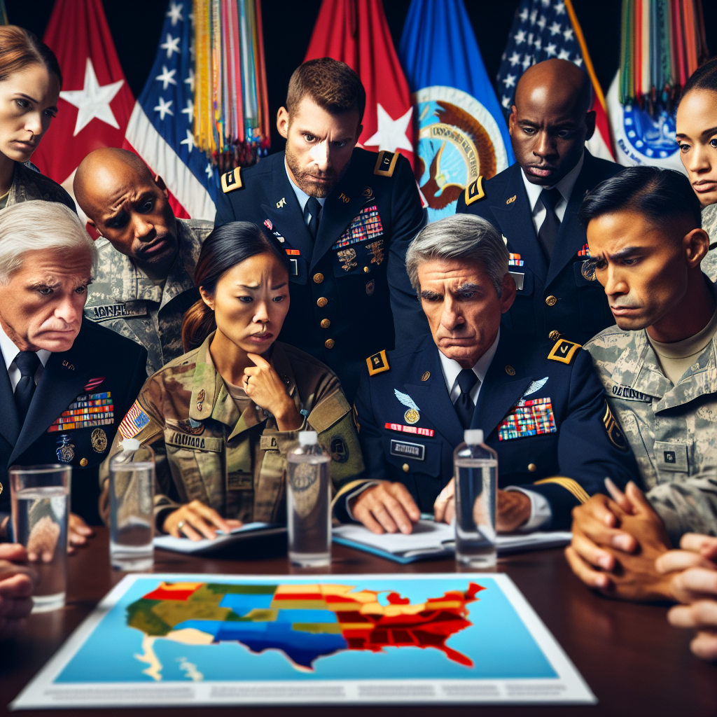 Create an image displaying a diverse group of veterans—two women, one Hispanic and one Caucasian, and two men, one Asian and one Black—all in their various military uniforms. They are gathered around a table, intensely discussing water safety and water quality topics. On the table, there's a United States map showcasing water contamination regions. Their faces express concern and determination, indicating the seriousness of the situation. The background contains ranks of flags representing all branches of US military, subtly signifying their affiliation and unity despite their different backgrounds.