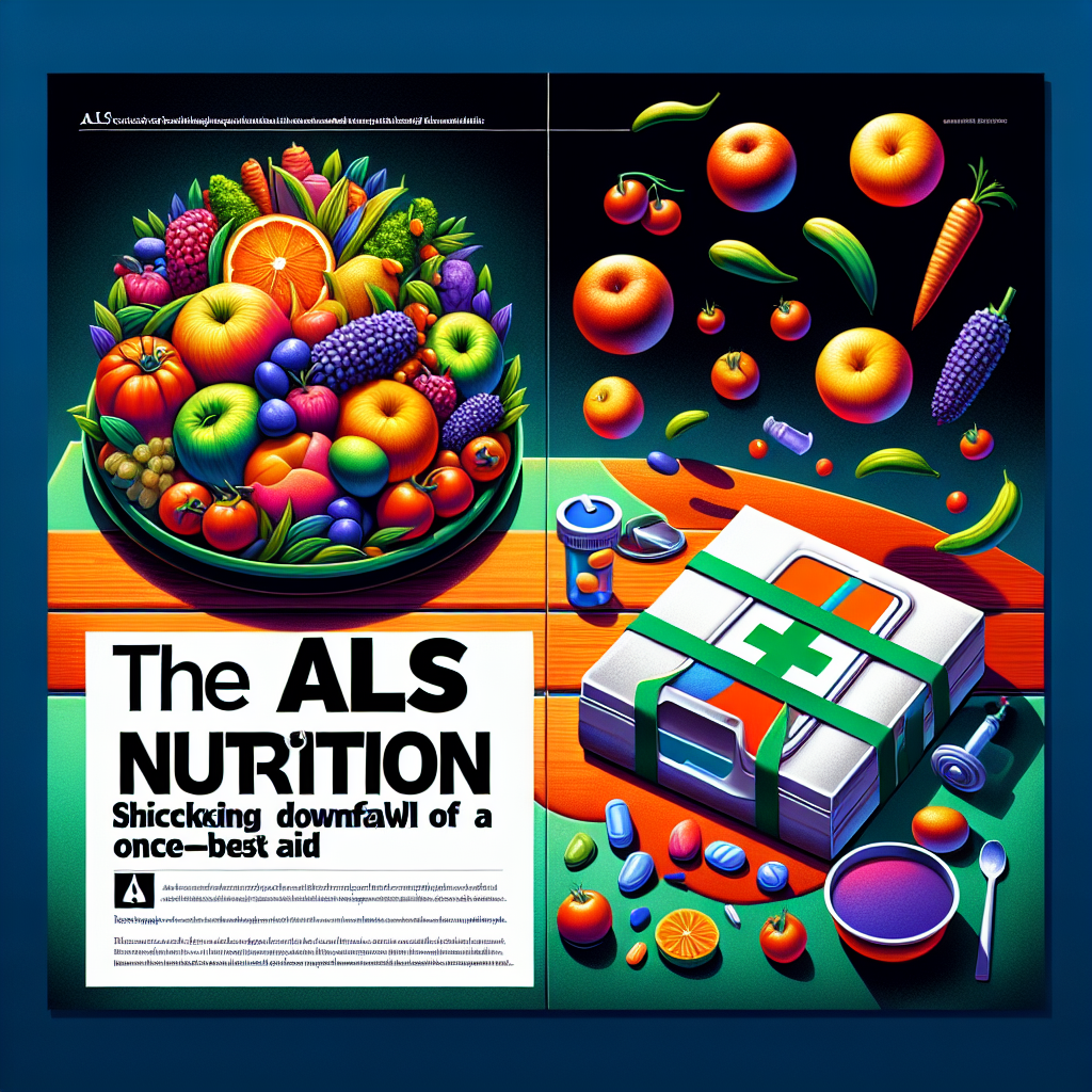 Visualize an article header about 'ALS Nutrition'. It features a plate overflowing with vibrantly colored fruits and vegetables. The food is rich in nutrients, signifying its importance in aiding ALS patients. Adjacent to the plate appears a fallen medical aid box, symbolizing the downfall of a once-best aid. The image conveys conflicting emotions of hope from the vibrant food and disappointment from the fallen aid box. A striking contrasting color palette enhances the theme of transition and downfall. There is also bold text stating 'ALS Nutrition: Shocking Downfall of a Once-Best Aid'.
