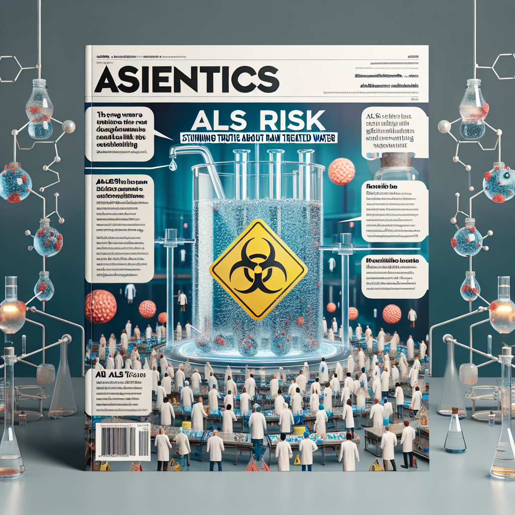 Envision this: The cover of an alarming scientific magazine. The title 'ALS Risk: Stunning Truths About Raw Treated Water' is boldly written in the top part of the frame. In the center, depict a dramatic, infographic-like image illustrating this risk. Please include visuals of raw water in a glass container with a biohazard symbol on it, and text bubbles with facts and statistics about ALS cases connected to raw treated water consumption. Surround it with renderings of scientists working on test tubes in a laboratory setting. Make sure all people depicted are diverse in gender and descent, showcasing an inclusive scientific community. The background can be a subtle pattern of water molecules. The entire image should convey a sense of urgency and caution.