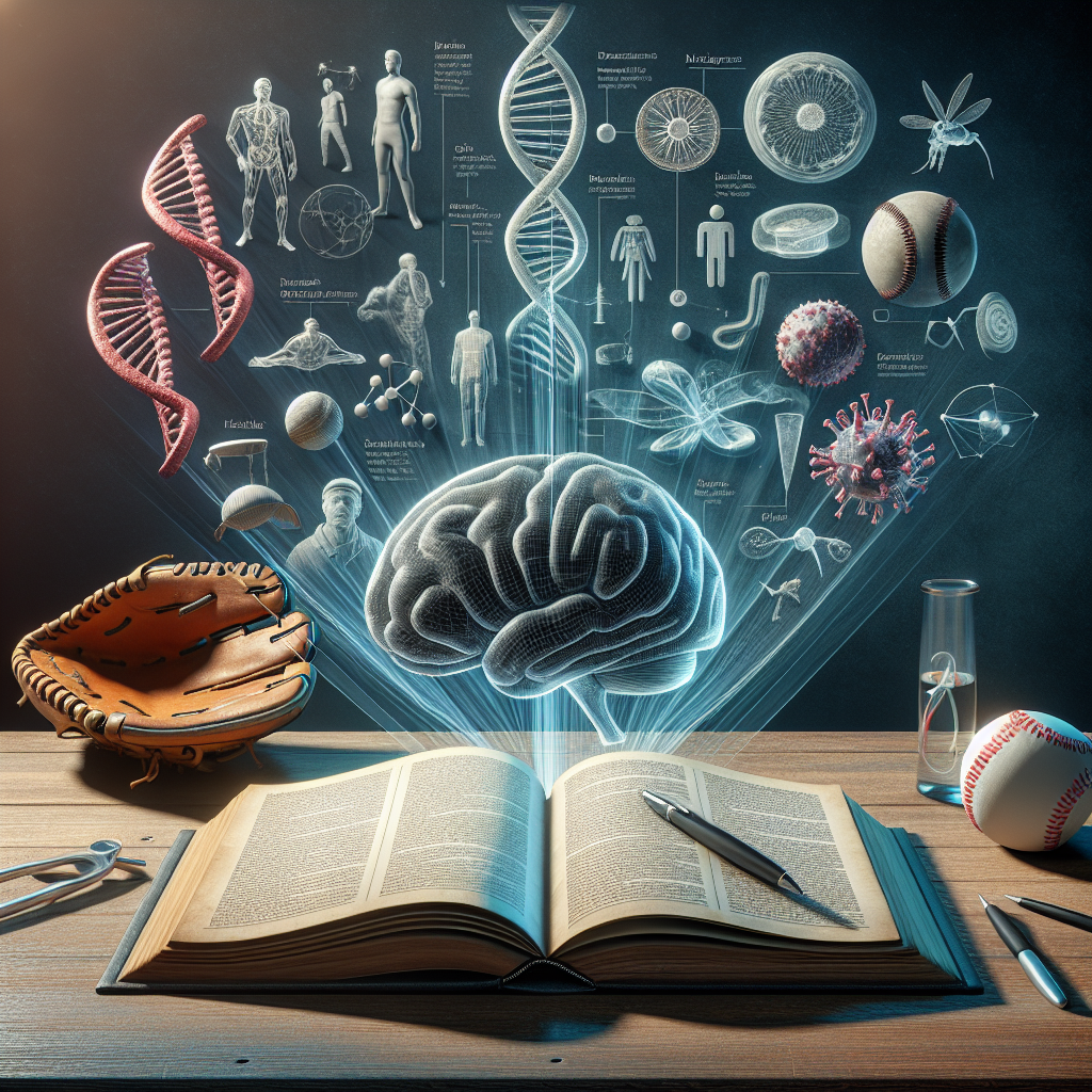 An open book sits centered on a wooden desk, its pages filled with complex medical diagrams and explanations about the neurological condition called ALS (Amyotrophic lateral sclerosis). Behind this book, shadows of historical impact form: an old-fashioned baseball glove and a timeless baseball hint at the legacy of a famed baseball player. Medical advancements represented by a 3D model of a human brain and a glowing DNA helix float above the book. These components convey the journey from understanding the disease to the ongoing quest for its cure.