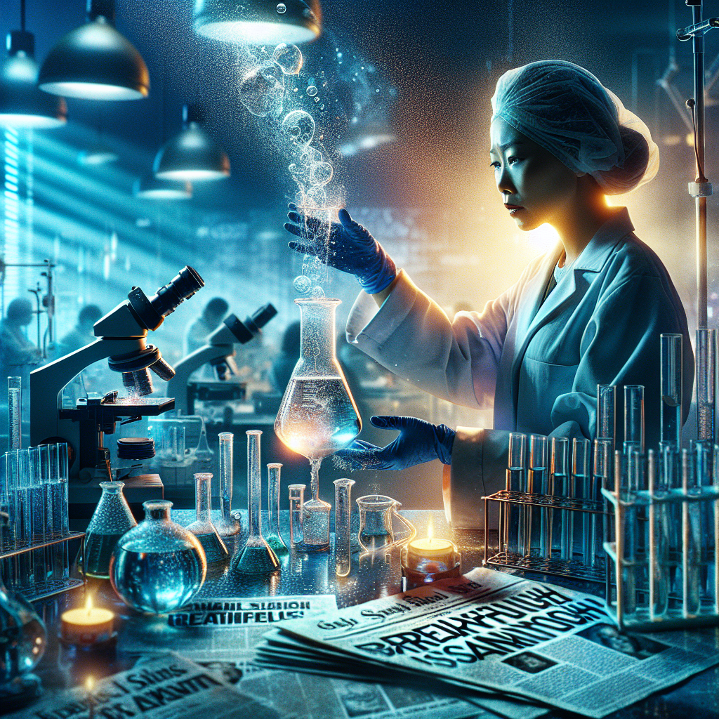 Create a vivid, poignant scene that captures the essence of a groundbreaking breakthrough in water study amidst a scandalous backdrop. Depict a well-lit lab filled with advanced research equipment, like microscopes and test tubes, embodying the ambition and hard work involved in the research. In the midst of the bustling lab, visualize a glass beaker being held by the Asian female scientist that magnificently refracts light, signifying the 'breakthrough'.  Placed subtly on a lab table lurk newspaper cutouts hinting at 'scandal' with bold headlines. The intense yet intriguing ambiance should intimate the exciting, albeit controversial nature of the research.