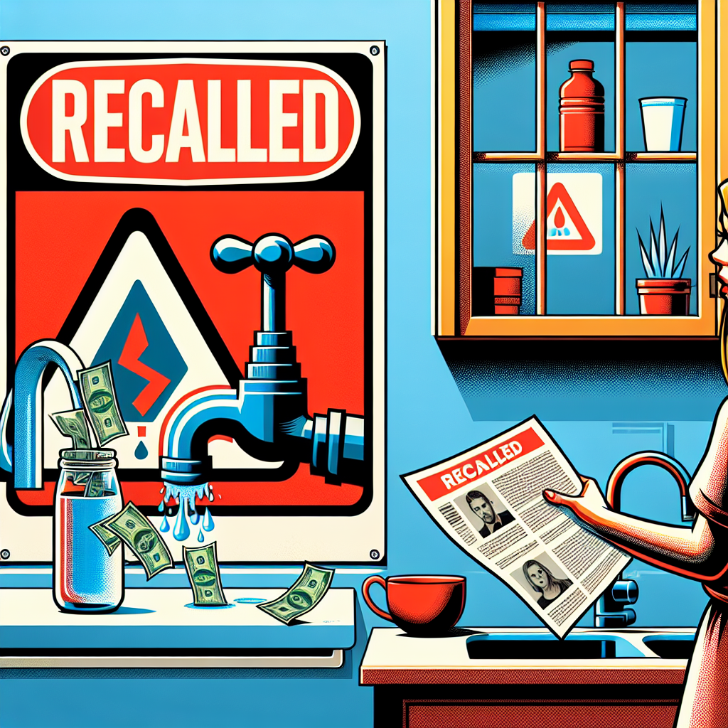 A stylized, attention-grabbing water warning sign that symbolizes hazard through bold, red colors and a dripping tap icon. The sign also features a tag reading 'recalled', urging immediate action. An illustrated scene in the background shows a concerned individual, a Caucasian woman, reading a document titled 'Water Recall Alert'. The scene also includes a transparent image of dollar bills flying out of an open, half-filled water bottle, symbolizing the costly health risk of consuming recalled water. The entire scene is set inside a home setting, with a pristine kitchen sink and its faucet in the picture.