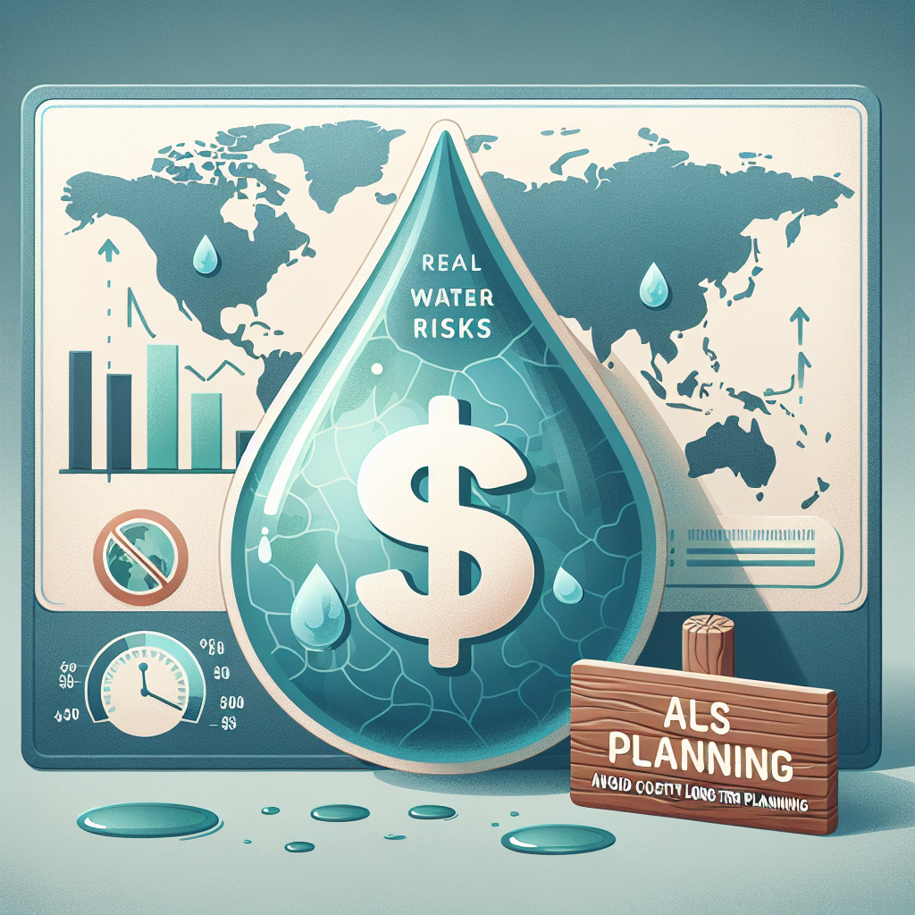 Create a detailed and informative illustration that speaks to the theme of 'Real Water Risks: Avoid Costly Long-Term ALS Planning'. The image should feature a water droplet with a reflection of a dollar sign, symbolizing the costliness of ALS planning. Place it against a semi-transparent map of the world, indicating global water risks. Include a wooden sign with the words 'ALS Planning' on it with a prohibitive symbol over it, expressing avoidance. Use a neutral color scheme, with blues for the water-themed elements, greens for the world map, and browns for the sign.