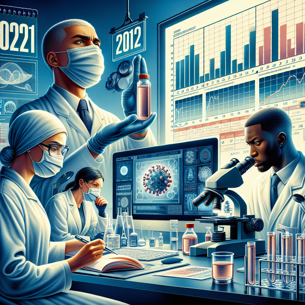 Depict a striking cover image for a scientific research article themed around the 2021's recall of a certain brand of bottled water. The image should convey the sense of shock and importance associated with a breakthrough discovery. The layout could be a laboratory setting with diverse scientists engrossed in their work - a Caucasian female holding a water bottle, a Middle-Eastern male staring intently at a computer screen displaying charts related to water quality, and a Black female carefully examining a droplet of water under a microscope. A corner of the image should feature a calendar showing '2021'.
