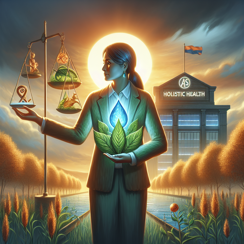 Depict a metaphorical representation of a compassionate CEO overseeing a holistic ALS symptom relief program. Show the CEO as a South Asian woman, holding symbolic elements alluding to relief and balance, like a leaf or a droplet of water, perhaps standing in a serene, calming garden. In the background, show a building representing her company with 'holistic health' signs. The setting sun provides a hopeful and calming glow to the scene. This conveys her commitment and accountability to the cause. Despite the challenges, her determined look inspires trust and admiration.