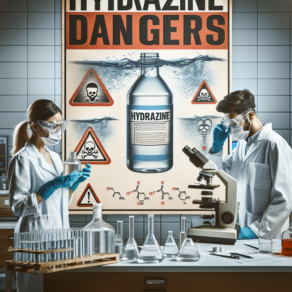 Visualize an educational poster set in a laboratory setting. On the left side, a Caucasian female scientist in a white lab coat is carefully handling a bottle marked with 'Hydrazine'. She wears safety goggles, gloves, and a mask. On the right side, a Middle-Eastern male scientist is studying a water sample under a microscope, displaying signs of concern. In the middle, a bold, eye-catching headline says, 'Hydrazine Dangers'. Beneath it, a diagram shows hydrazine breaking down in water, with red warning symbols indicating its shocking toxicity.