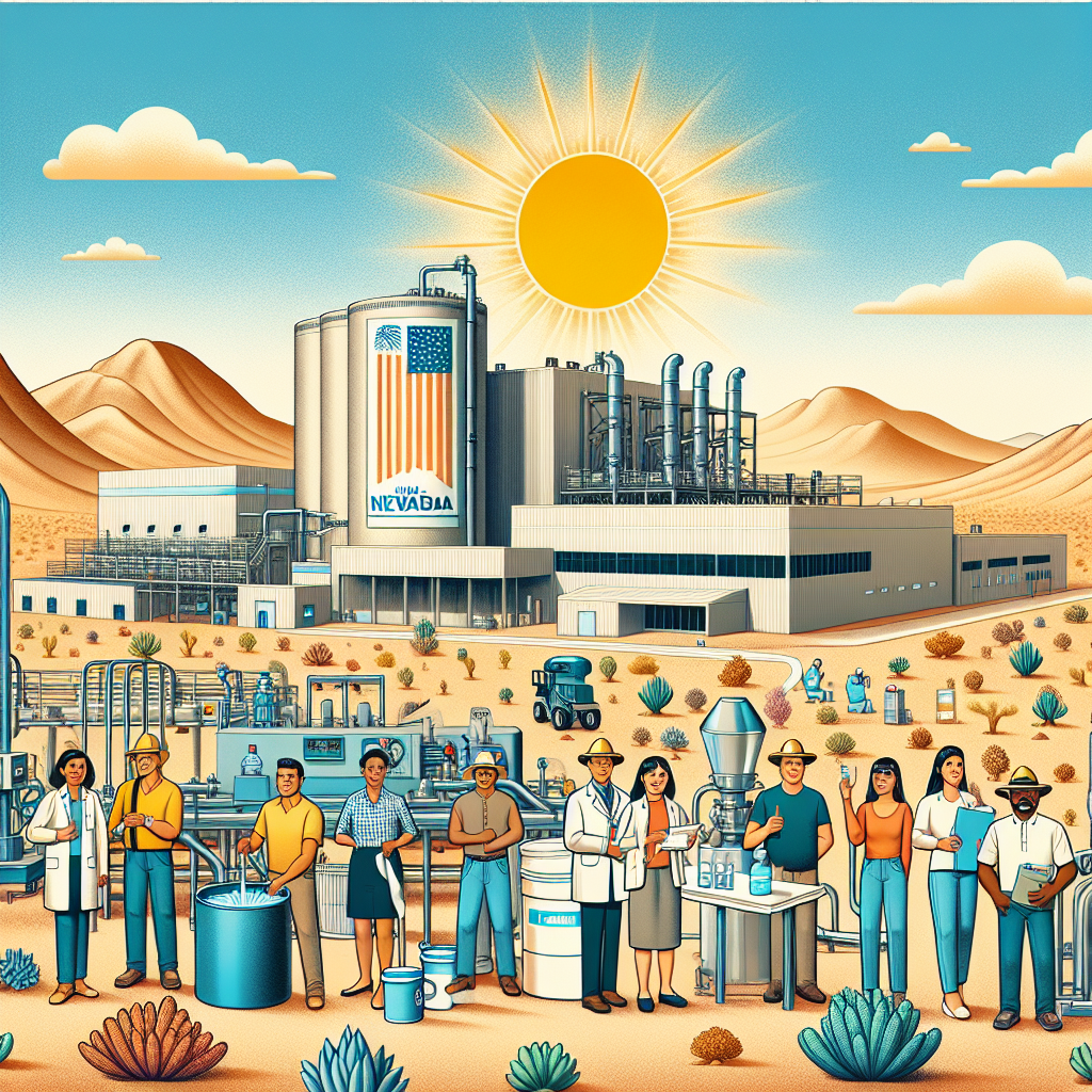 Illustrate a desert scene in Nevada with a large facility in the background adorned with a sign reading 'Real Water Nevada'. Various multi-racial families are there, showcasing a multitude of descents like Hispanic, Middle-Eastern, and South Asian. These families are managing various tasks associated with water production - operating machinery, doing lab tests, and directing operations with empowerment visible in their expressions. In the sky, a vibrant sun is shining symbolizing a new dawn. The facility should exude a sense of modern technology and sustainability, emphasizing the company's commitment to environmental issues.