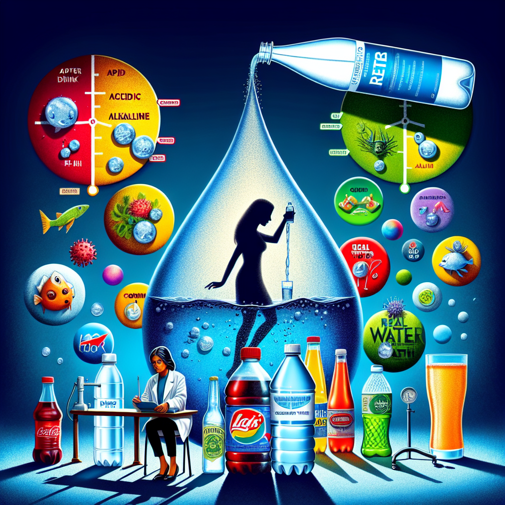 A fascinating image illustrating the theme of 'Alkaline Water Myths: Real Water's Dangerous Truth'. In it, the center contains an oversized water droplet with a pH scale running through it from acidic to alkaline. On the acidic side, common soft drinks and juice are shown in miniature. On the alkaline side, alternative bottled water brands are showcased. A shadowy figure pours a bottle of 'alkaline water' into a glass, while the bottle label is filled with minuscule myths. Contrastingly, a female scientist of South Asian descent is performing a water quality test on the 'real water'. The background is an abstract representation of common health misconceptions, created into bubbles that are being popped by reality arrows.