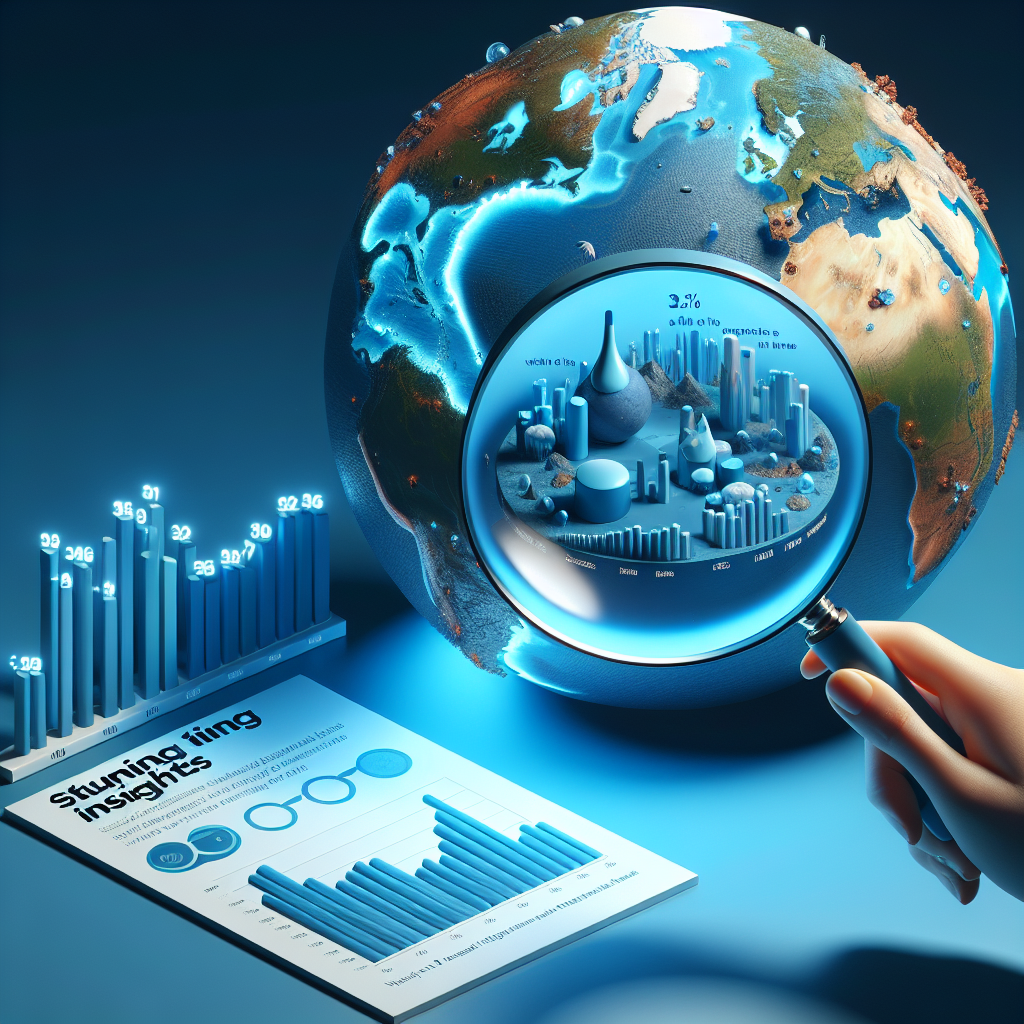 An interpretative portrayal of the globe, spotlit on regions with severe water issues - areas experiencing droughts, floods, or polluted waterways. Show an infographic-style side panel featuring a bar graph illustrating disparities in ALS incidence worldwide. Include a magnifying glass hovering over the most affected region, symbolizing the 'stunning insights'. Set the tone to reflect concern and urgency, with blues for water elements and stark contrasts for the areas of concern.