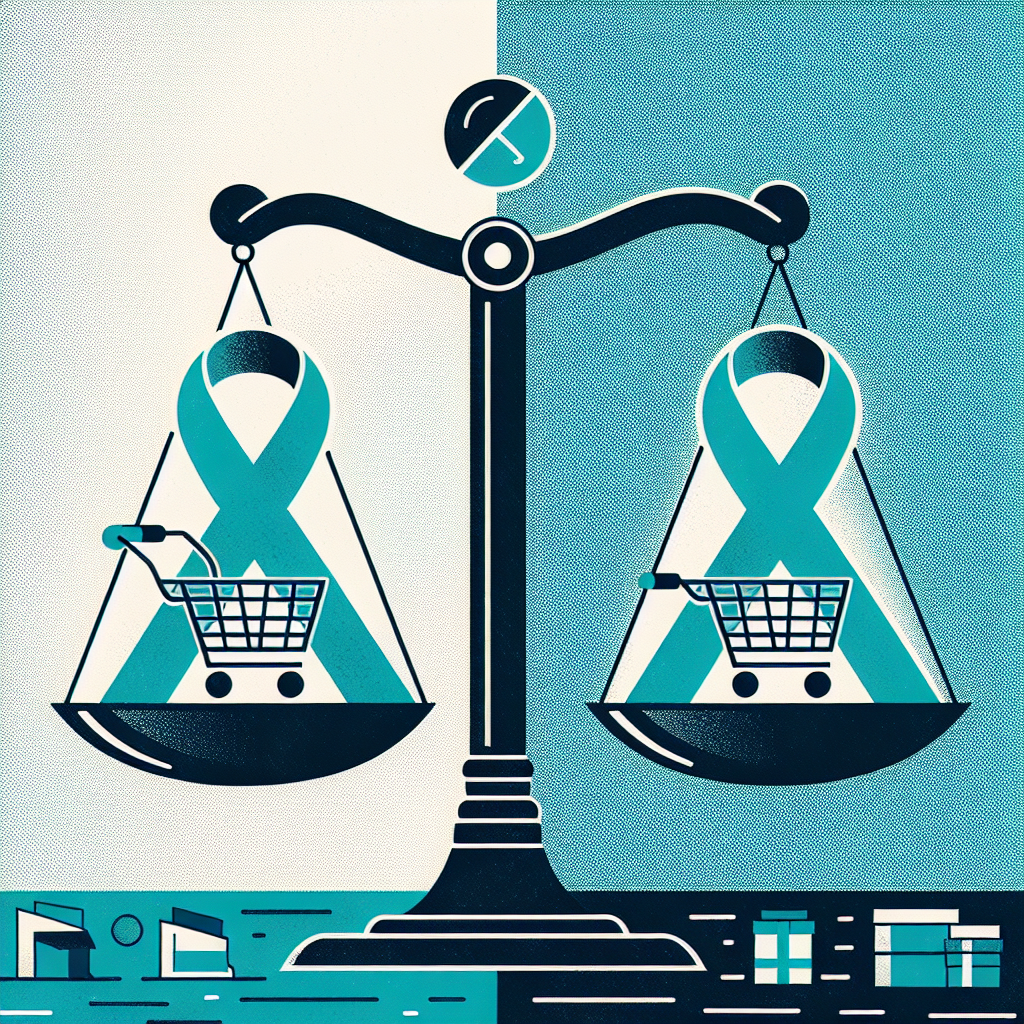 Create an image representing ALS (Amyotrophic lateral sclerosis) awareness. The graphic should contain a balance scale, with one side illustrating the concept of 'boycott' demonstrated with a crossed-out shopping cart and the other side representing 'buy' as shown via a full shopping cart. Also incorporate a teal blue ribbon, as this is the universal symbol of ALS. The background should be an abstract pattern highlighting the seriousness of the cause. Ensure the palette overall follows ALS awareness colors - primarily teal, navy blue, and white. Remember to make it visually informative and compelling.