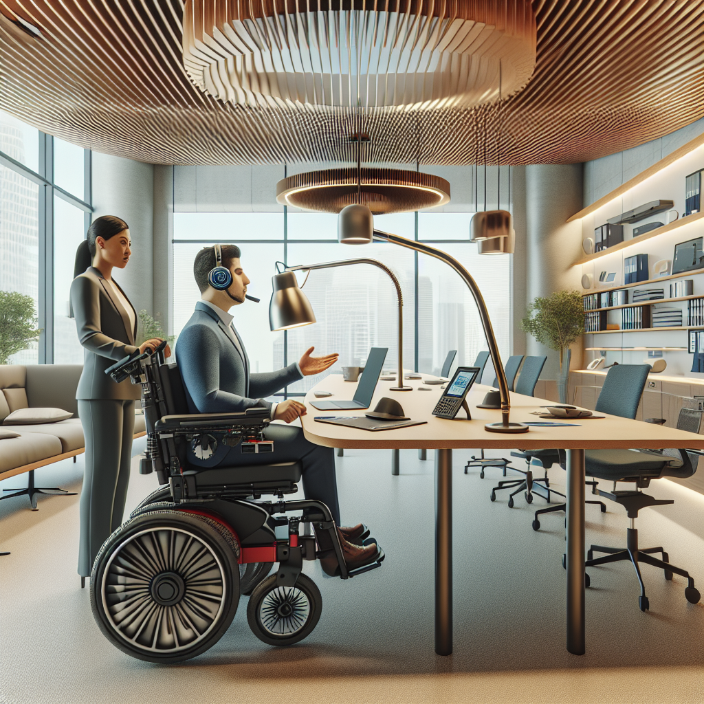 An empowering office setting facilitating productive communication for an employee with Amyotrophic Lateral Sclerosis (ALS). The room is complete with a motorized wheelchair, speech-generating device, resting space, ergonomic desk arrangements, and state-of-the-art technology for hands-free computing. The employee, a Middle-Eastern male, is engaging in a robust discussion with his South Asian female colleague at the disability-friendly conference table. The workspace radiates a sense of inclusivity and respect for all abilities. The image should incorporate mid-century architectural elements to evoke professionalism and efficiency.