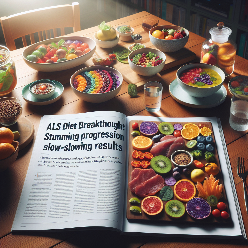A scientific journal sits open, revealing an article about a breakthrough diet for slowing the progression of ALS. The headline is captioned as 'ALS Diet Breakthrough: Stunning Progression-Slowing Results'. A close-up side view of vibrant, colorful dishes commonly found in this ground-breaking diet is seen on the adjacent page, featuring a variety of fruits, vegetables, lean meats, and whole grains. The food is artistically arranged in white ceramic bowls on a polished wooden table. Next to the table is a glass jar filled with water and sliced citrus fruits. Light streams in from a nearby window, illuminating the healthy food and the promising article.