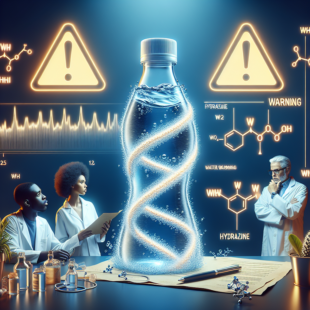 An intricate scene connecting to the theme of water contamination due to hydrazine. The central focus is a whipped-up bottle of water, with alert symbols glowing around it, suggesting caution. The background is a subtle but detailed representation of a molecular structure, hinting at hydrazine. The bottle's label shows a sleek bar graph evidently indicating an increase in hydrazine levels. Alongside the bottle, there are concerned people, an African female scientist wearing a lab coat and a Middle-Eastern male wearing casual attire, poring over a document that reads 'Hydrazine Warning'.
