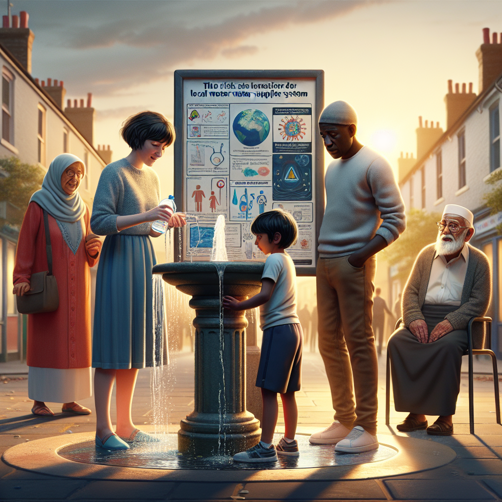 A touching scene of a diverse community gathered around a public water fountain in the heart of a small town. A Caucasian woman and Black man are reading a notice board about the risks associated with the local water supply system. The notice contains scientific diagrams and startling facts, including a direct connection to ALS. Nearby, a South Asian child plays with water coming out of a fountain, seemingly unaware of the dangers. An elderly Middle-Eastern man watches everything with a worried expression. The setting sun illuminates the scene in a poignant light.