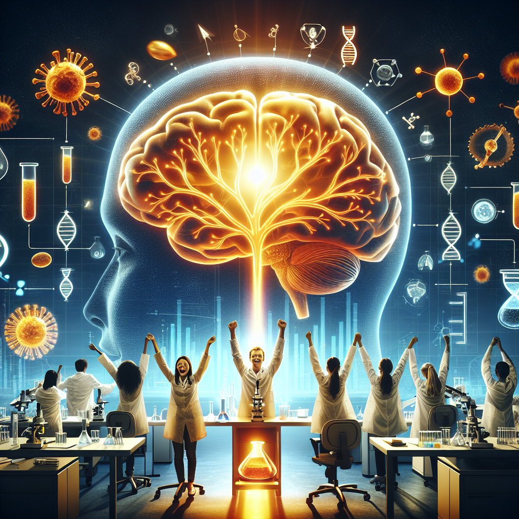 Create a compelling image that encapsulates the significant development in the field of ALS. The design should display a representation of a brain with warm, optimistic colours to reflect the breakthrough, overlaid with symbols related to water indicative of 'Real Water Judgements'. Also, set the scene within a laboratory setting to suggest scientific progress and investigation. Ensure there is a diverse team of scientists in the background which includes an Asian woman, a Caucasian man, a Hispanic man and a Black woman, all wearing lab coats, joyously celebrating the triumph.