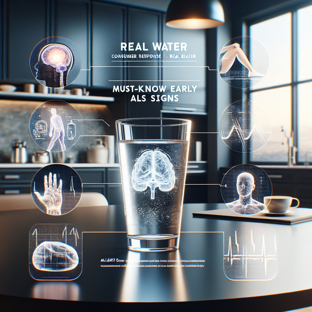 Visualize an article header for a health-related topic. The primary element is a half-filled glass of crystal clear water, signifying hydration, placed on a sleek modern kitchen table. To the right, show visuals representing signs of ALS such as a symbolic hand having difficulty grasping, straightforward images of brain scans showing abnormal activity, or a weakened leg. Incorporate text overlay saying 'Real Water Consumer Response: Must-Know Early ALS Signs'. Ensure the overall tone is serious, informative, yet hopeful.