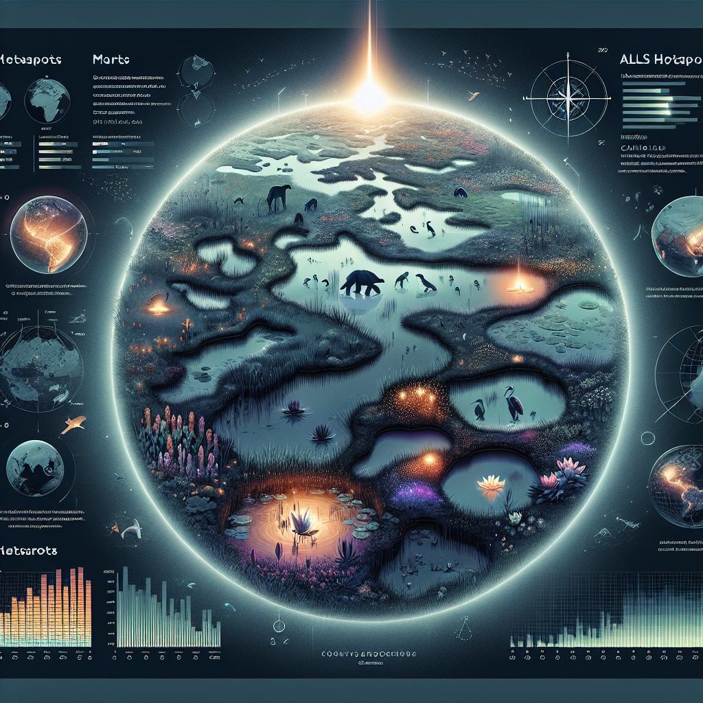 Create an informative visualization depicting a variety of wetland environments during different times of the day spread around the globe. Include marshes, swamps, bogs, and fens with their unique flora and fauna. Show also a bright beacon glowing over some specific areas highlighting them as 'ALS Hotspots'. Additionally, create a subtle, ghostly heat-map overlaid over the image to represent data, indicating higher ALS incidence. Add a few small, unobtrusive infographic elements like a compass rose, a globe, and a key for the heat map. Make the overall tone of the image serious and educational.