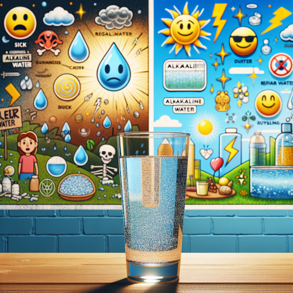 Visualize an image showcasing the concept of alkaline water. In the foreground, there is a crystal-clear glass filled with sparkling alkaline water. The background shows contrasting murals showcasing two scenes. One scene depicts the common myths about diseases associated with regular water, showing symbols like a sick emoji, dirty water droplets, and lightning bolts. The other scene unravels the beneficial aspects of alkaline water showcasing positive symbols like a happy emoji, clean water droplets, and sun rays. Don't include any copyrighted logo or brand name.