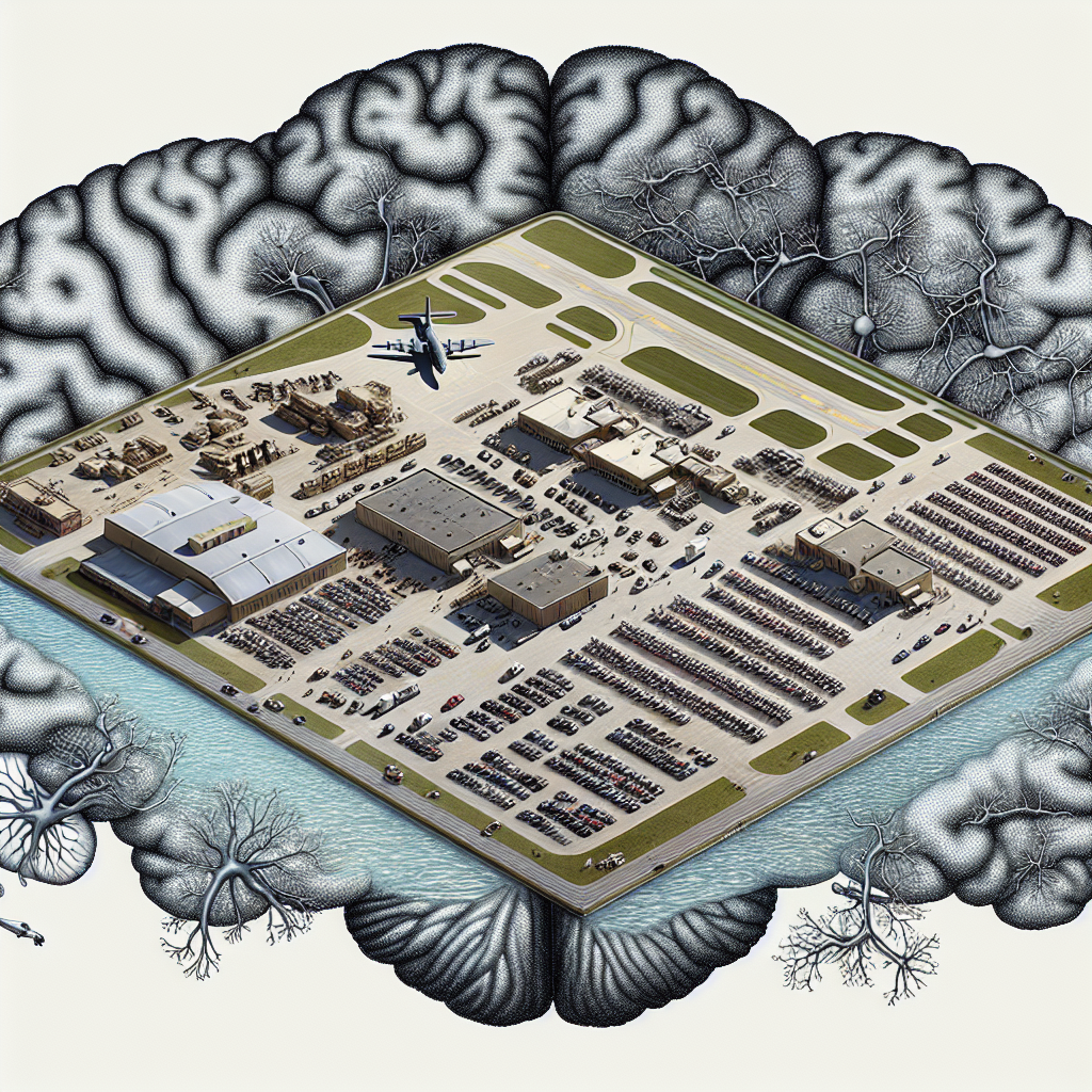 Visualize a large military base depicted from an aerial view. Within the area, incorporate several buildings, an airstrip, vehicles, and a significant number of uniformed personnel of assorted descents such as Caucasian, Hispanic, Black, and Middle-Eastern both men and women. Nearby, illustrate a water body with some apparent contamination shown by discoloration. Add a forefront detail of lead (Pb) metal bars. Overhead, create an image of a brain depicting neurons with visible deterioration, hinting at ALS (Amyotrophic Lateral Sclerosis). Use a style that communicates seriousness and concern.