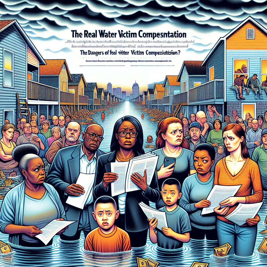 A detailed illustration of an article front page about the dangers of real water victim compensation. The front page should include a large, vivid depiction of a flood disaster with damaged houses and people looking distraught. Also depict a group of people, consisting of an African-American woman, a Hispanic man, and a South Asian child, nervously waiting in line to file for their compensation. They hold various documents in their hands, representing the bureaucratic process involved. Skies above the scene are gloomy and overcast, adding to the sense of concern and apprehension.