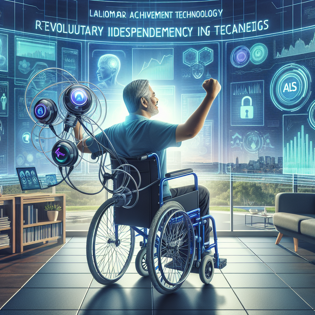 Visualize a scene that encapsulates the breakthrough in ALS Technology aids. Imagine a middle-aged South Asian male using a high tech voice assisted wheelchair with several adaptive devices attached to it, finally able to move autonomously around his modern home. Landmark achievements in technology are displayed in the background as holographic screens showing interfaces with ALS related data and metrics. Remember to depict an aura of excitement and optimism to emphasize the revolutionary independence breakthrough for those affected by ALS.