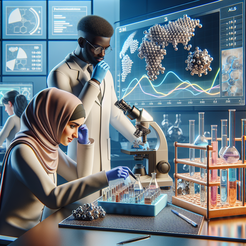 A groundbreaking scientific lab scene, in which diverse scientists are discovering a new way to reduce heavy metals which could serve as a breakthrough in ALS research. One Middle-Eastern female scientist is bent over a microscope, studying the effects of a newly discovered compound. A Black male colleague is standing near her, displaying a 3D molecular model on his computer screen. On a lab bench, there is a tray with samples of heavy metals and next to it is a container with the new compound. Graphs showcasing progress and reduction rates are displayed on a digital screen in the background.