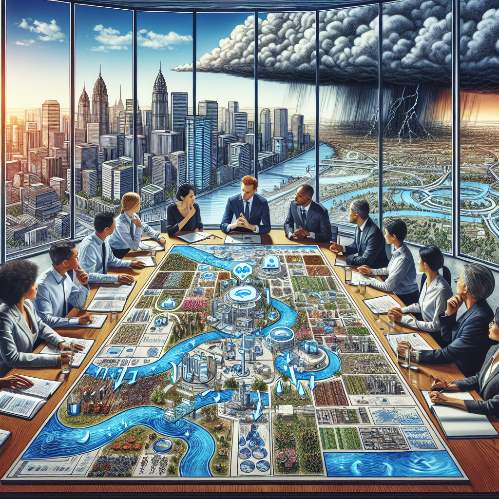 An illustrative image showing a range of real-world water risks. Display a variety of diverse people from different descents, such as South Asian, Hispanic, Black, Caucasian, Middle Eastern. Include both men and women cooperatively discussing in a boardroom, detailed city plans spread across a large table. On the table, show plans that hint at smart water management -- recognizable elements may include rainwater harvesting systems, sustainable irrigation methods, and flood defenses. In the background, through a panoramic window, portray a changing climate, with dark clouds signaling stormy weather and a city skyline under clear sky on the other side, symbolizing the unpredictable future and the importance of planning.