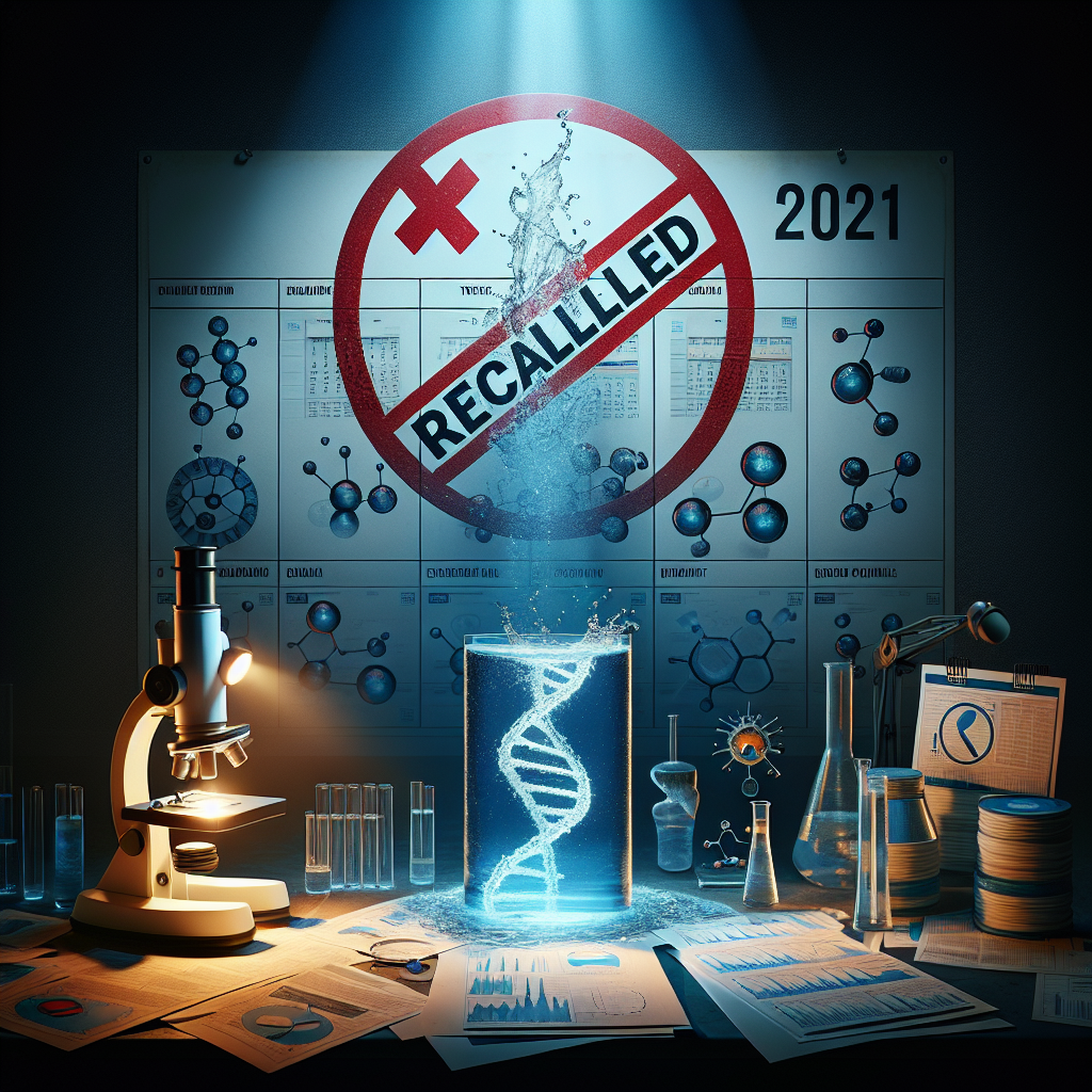 Visualize this scene in vivid details: An impactful symbol of water with a large red 'X' and 'RECALLED' stamped across it, casting an alarming shadow over a stack of documents that exposes the timeline of events in 2021. Next to it, a microscope examining the water at a molecular level sparks breakthroughs. Light beams stream through laboratory equipment, highlighting charts and graphs showing significant scientific discoveries. In the background, a calendar open to the year 2021 symbolizes the course of events. The overall theme must embody the contrast between the gravity of the recall and the illumination of breakthroughs.
