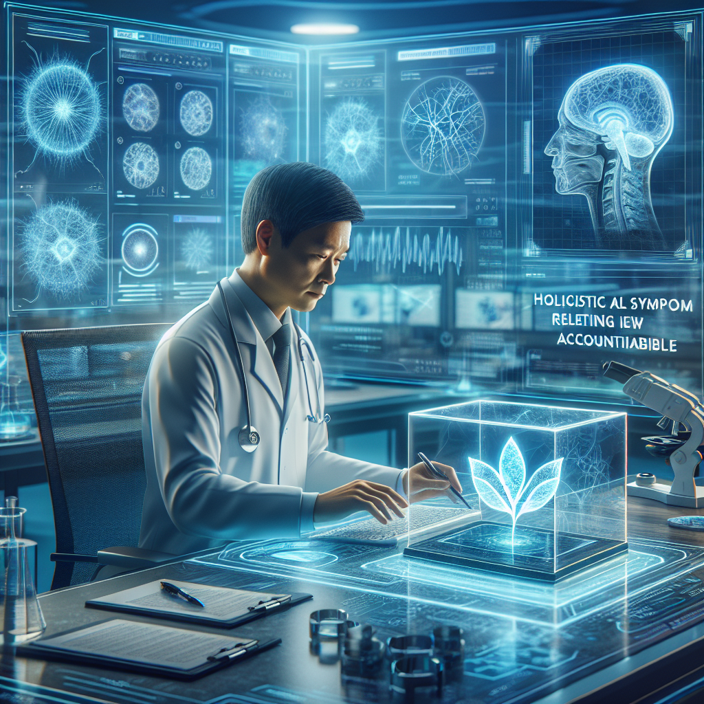 Design a visual prompt for a healthcare-themed article. The image should feature an innovative medical research lab with high-tech equipment. Inside the lab, an Asian male scientist is busily analyzing data related to ALS on a futuristic transparent touchscreen. Around him, holographic representations of brain neurons and ALS symptoms become a stunning display. In the foreground, place a clear glass box containing a glowing symbol of a leaf representing holistic healthcare. The title 'Holistic ALS Symptom Relief: Stunning New Accountability' appears in soothing blue letters above the scene.