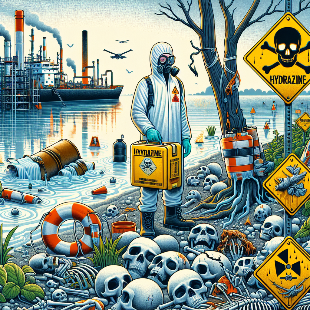 Design an illustrative image that demonstrates the potential dangers of hydrazine. The scene should feature warning symbols such as a skull and crossbones, a chemical safety sign, and a spilled container labeled 'Hydrazine'. Additionally, include glimpses of bleak landscapes illustrating environmental hazards caused by chemical spills like deformed plants and dead fish. Also, depict a Caucasian male scientist dressed in safety gear (mask, gloves, lab coat) inspecting the damage from a safe distance, showing the severity of the situation. The image should convey a strong message about the toxicity of hydrazine and its harmful effects.