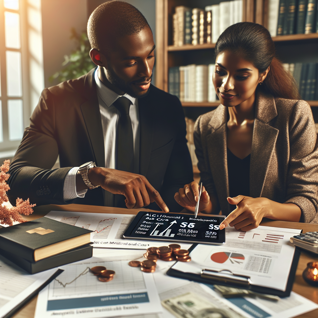 Create an image that represents ALS (Amyotrophic lateral sclerosis) financial planning with an emphasis on affordable care. The imagery should feature two financial advisors sitting at a meeting desk. They are professionals in their field, one is a Black male and the other is a South Asian female. They are discussing strategic plans and possible options, pointing towards a chart displaying the costs of medical care on a digital tablet. In the background, there are some books related to medical health and finance, showcasing their extensive knowledge. The atmosphere is warm and supportive, representing hope and a positive outlook.