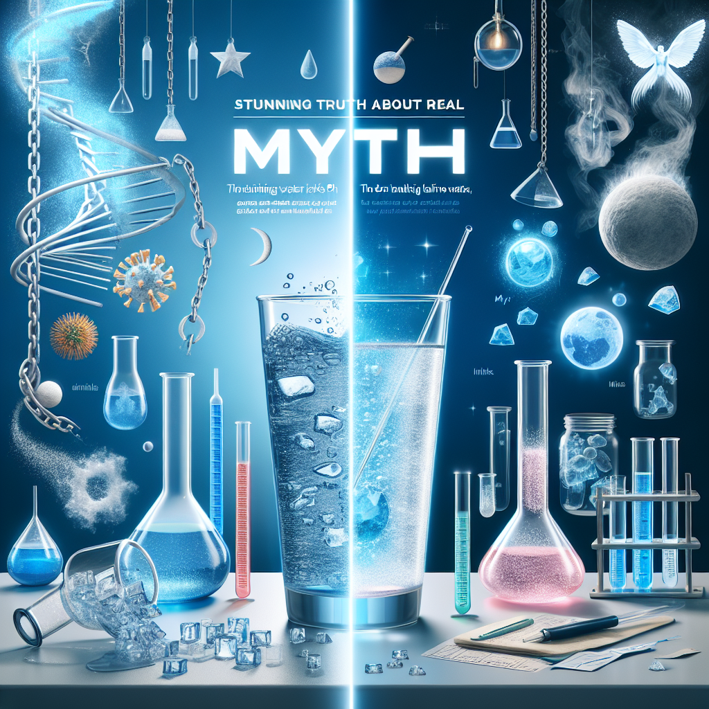 Create a photorealistic image that represents the concept of debunking myths surrounding alkaline water. The design should include a split image. On one side, show a crystal clear glass of alkaline water on a laboratory table, surrounded by scientific equipment such as pipettes, test tubes, and pH measurement strips. The other side should contain elements that denote 'myth', such as broken chains, illusions, or ethereal smoke. The words 'Stunning Truth About Real Water Risks' should be displayed prominently, perhaps in the middle where both sides meet.