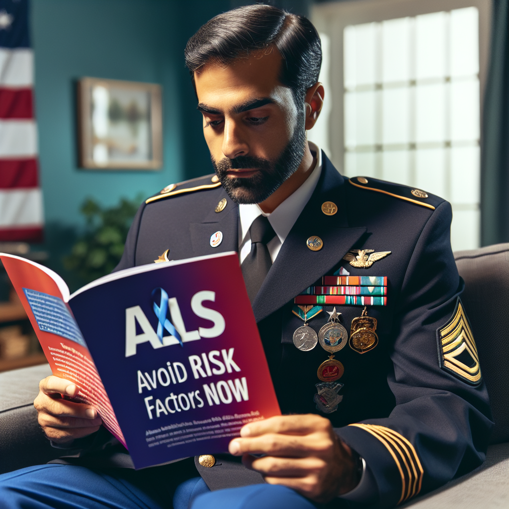 Generate a detailed image depicting a Middle-Eastern male veteran, wearing formal military attire with a few service pins visible. He is engrossing himself in reading a brightly colored, informative brochure with a bold title saying 'ALS - Avoid Risk Factors Now'. He is sitting in a comfortable living room, with American flag decor subtly visible in the background. The atmosphere is calm and enlightening, indicating the importance of knowledge and awareness about ALS in the veteran community.