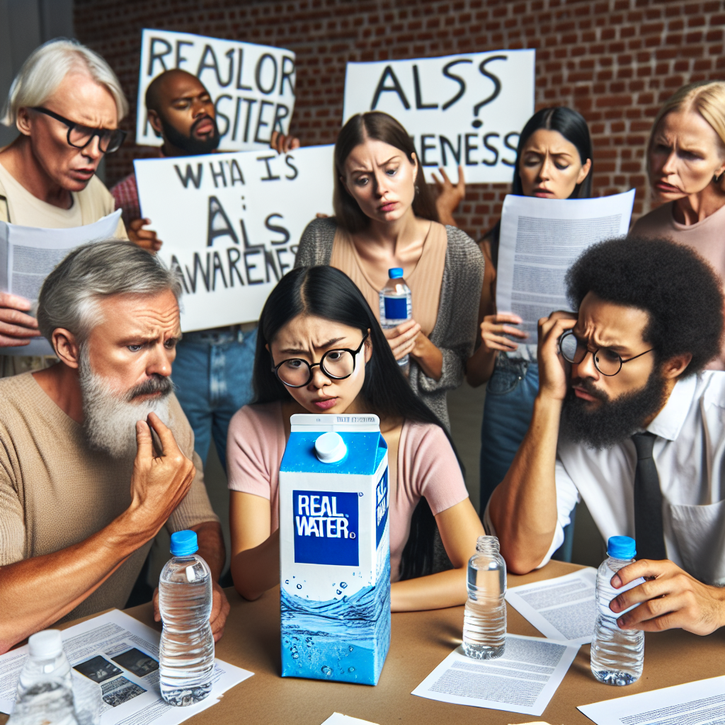 A diverse group of people, including Caucasian and Asian men and women, are gathered around a table. In the middle of the table, is a carton of Real Water brand bottled water. One woman, with black hair and wearing glasses, is reading the label closely. Another man, with a beard and dressed in a shirt, is holding a bottle with a puzzled expression on his face. A protestor sign can be seen behind them, saying 'ALS Awareness'. Peppered around the table are pieces of paper that appear to be articles and charts regarding ALS and water consumption.