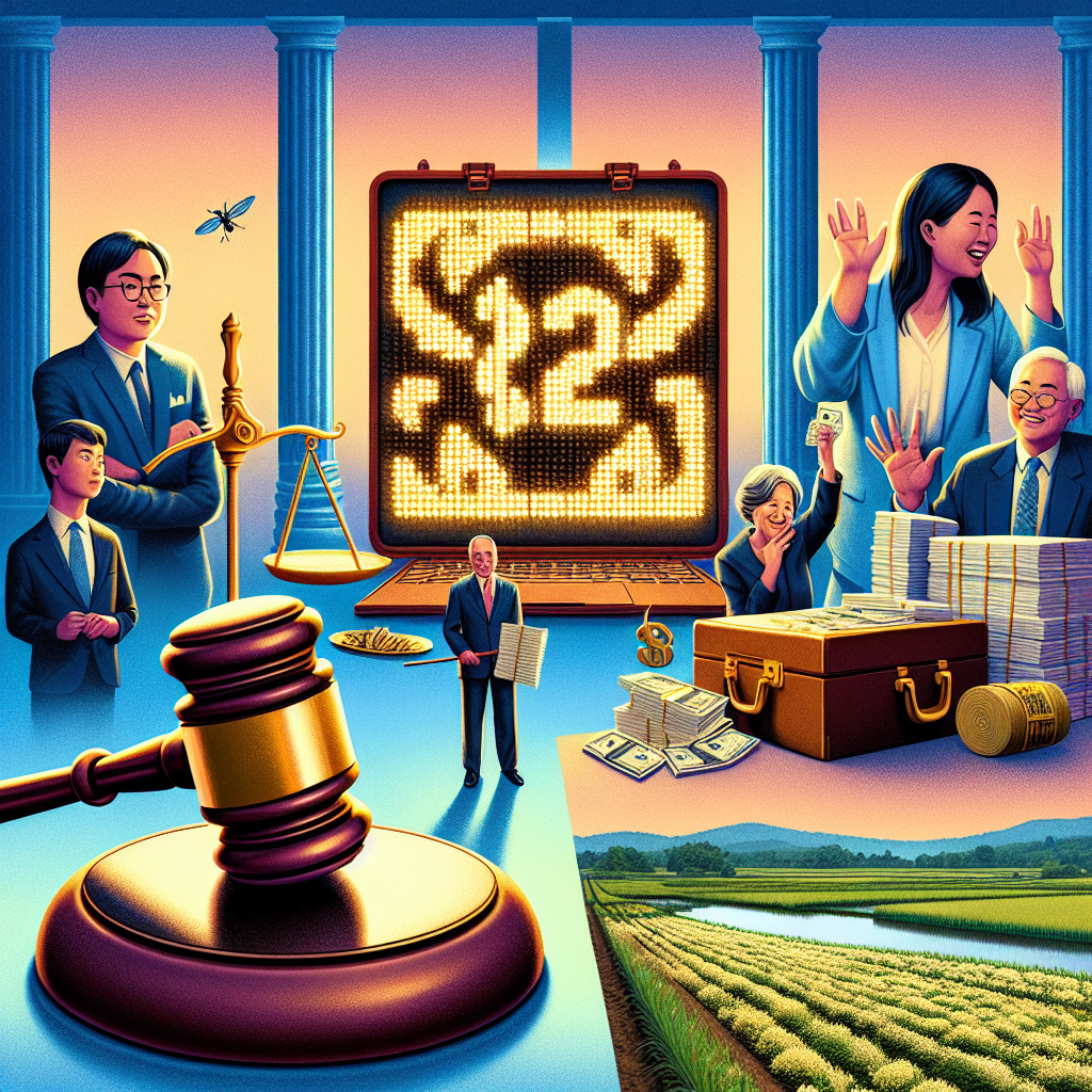 Visualize an article header that signifies the victory of ALS victims in a legal battle against pesticide runoff. In the foreground, a gavel is depicted beside a briefcase filled with documents, symbolising justice. In the background, a serene countryside landscape is being polluted by pesticides runoff, exemplifying the cause of the litigation. Encapsulating the financial windfall, a digitized display of the sum '$228M' shines brightly in the center. For an element of human touch, a diverse group of individuals celebrating: an Asian woman and an Afro-American man, both showing signs of triumph and relief.