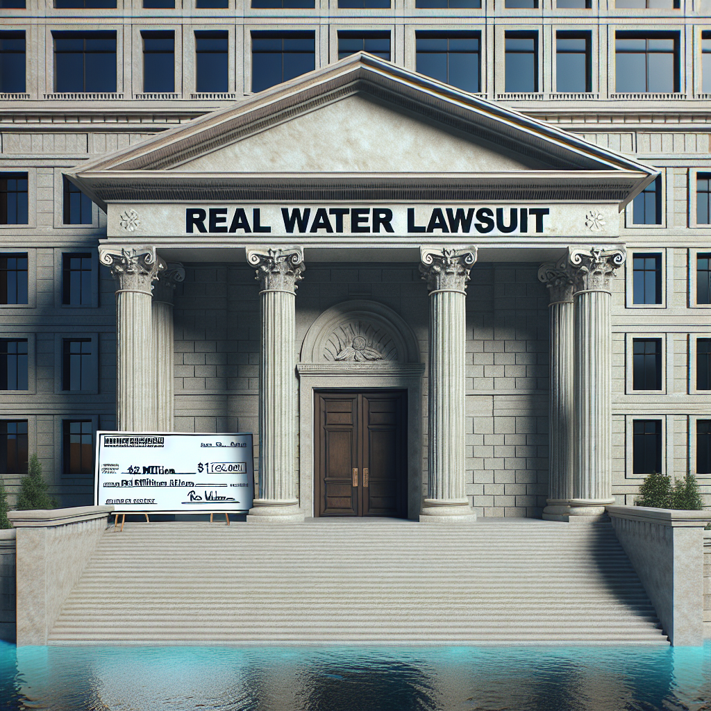 Create a photorealistic representation of a courthouse with large stone steps leading up to imposing doors, indicative of a major legal case. Splashed across the building's facade, in stark, eye-catching letters, display the words 'Real Water Lawsuits'. A giant check of $129 million is placed near the entrance, visualizing the magnitude of the settlement. The environment should suggest seriousness and intensity, characteristic of high-profile legal battles.