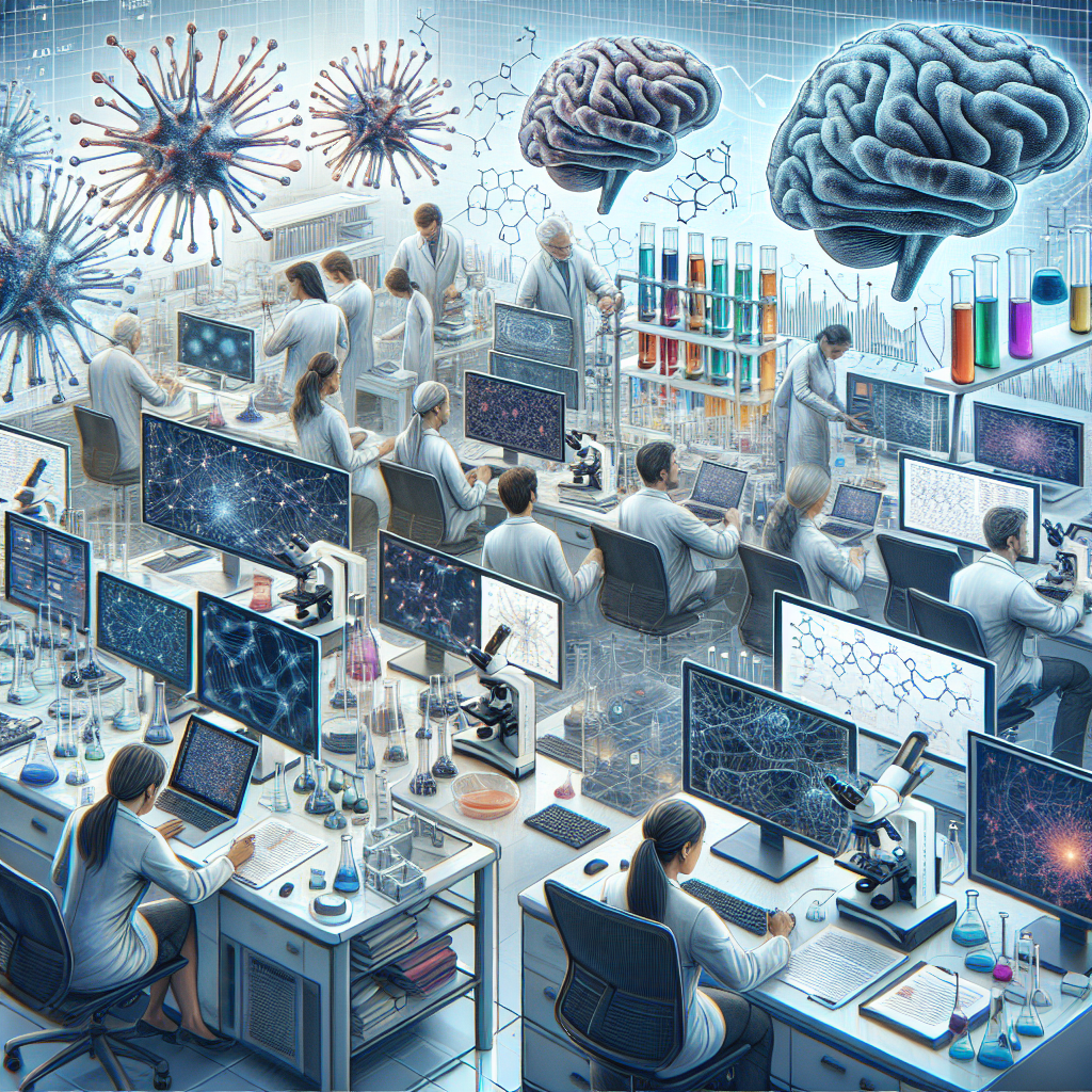 Imagine an informative image about ALS research in a scientific setting. In the image, there's a laboratory with diverse equipment like microscopes, test tubes filled with various colored liquids, and advanced computers showing data graphs. Scattered across the lab are intensive research materials that relate to ALS, like scientific papers with highlighted sections and diagrams displaying motor neurons. In the foreground, a group of scientists, both female and male, of multiple descents such as Caucasian, Hispanic and Asian, are deeply engrossed in their work, engaging in discussions and jotting down findings. To illustrate water proximity studies, have water molecular structures prominently on some computer screens and diagrams.