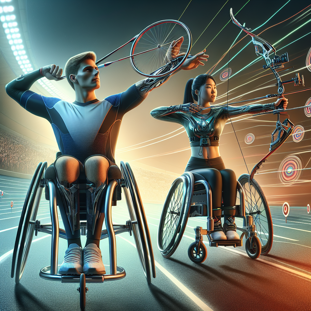 Illustrate an inspirational and empowering scene of athletes with ALS (Amyotrophic lateral sclerosis) using cutting-edge technology for sports. Show a Caucasian male athlete using a sophisticated, high-tech wheelchair on a racetrack, and an Asian female athlete equipped with the latest in assistive technology, practicing archery. Both should radiate strength, determination, and unprecedented independence, with the spirit of competition alive. The image should have a futuristic feel, showcasing the evolving technological advancements granting unmatched independence for individuals with ALS.