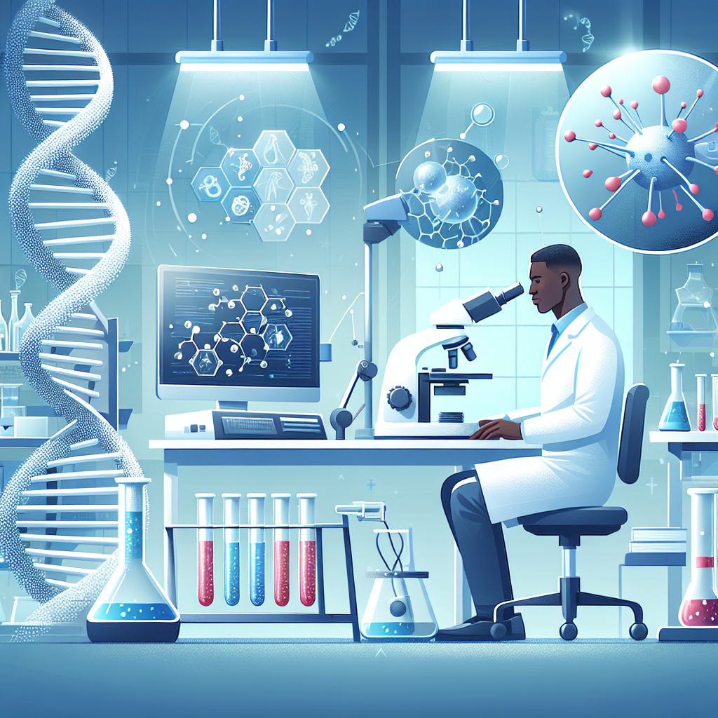 Illustrate a picture representing ALS research. Show different elements of laboratory environment such as a microscope, DNA strands, so that it reflects the intense study and importance placed on understanding ALS. Include a scientist, a Black male in white lab coat studying a molecule structure on a computer. The setting should be a modern, well-lit lab, with various samples and scientific equipment spread about.