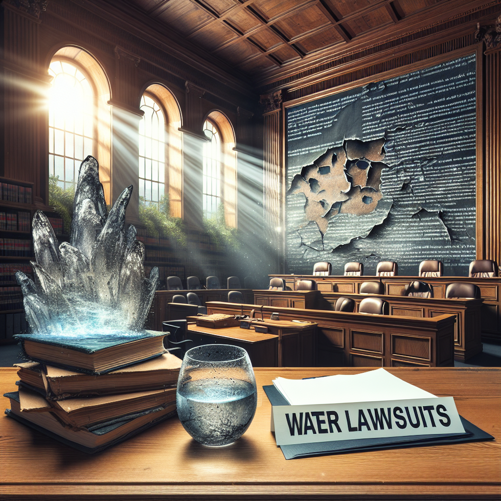 Capture a dramatic scene highlighting the seriousness of the real water lawsuit issue. Picture a large wooden courtroom, flooded with light from grand windows. Present a big pile of legal documents labeled 'Water Lawsuits' on the Oak desk, with a petrified glass of water next to it symbolizing the crisis. Create a backdrop of a large chalkboard revealing glaring gaps in the form of blank spaces in between crucial laws. Embed the urgency and the shocking revelations coming to the forefront.