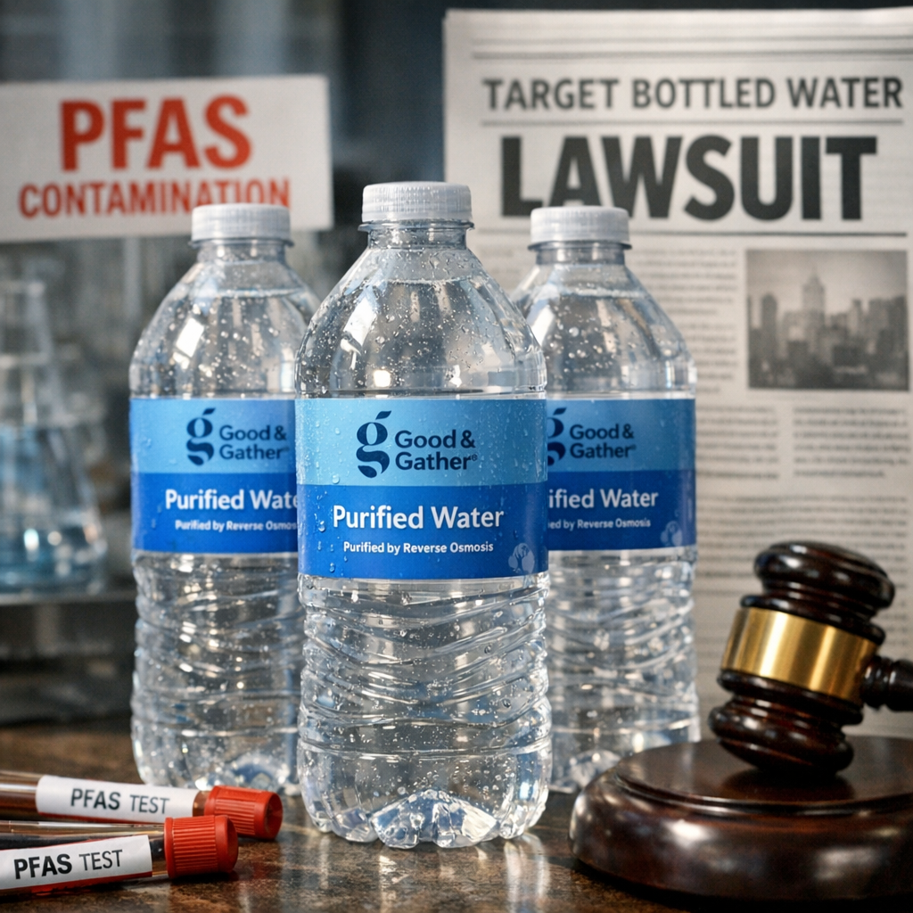 Illustration of Good Gather Water PFAS: Shocking Target Bottled Lawsuit